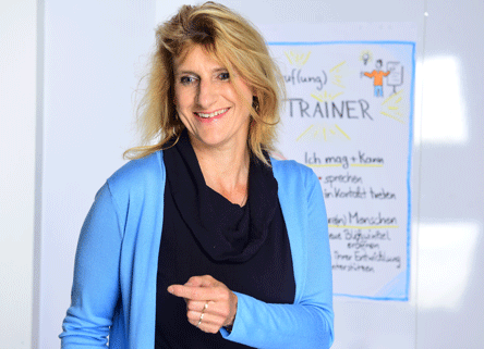 Martinga-Grill-Organisationsentwicklung_novomundo Martina Grill in blauer Strickjacke freundlich lächelnd vor einem Flipchart